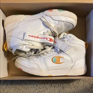Champion Kids' White High-Top Sneakers with Yellow and Teal Accents